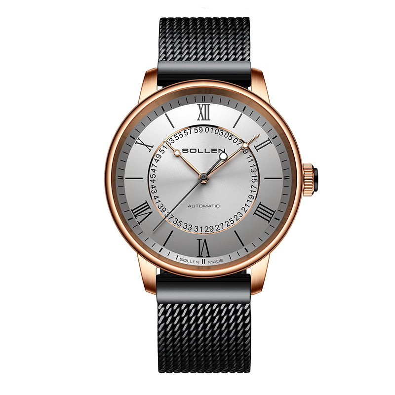 Sollen SL201 Men's Skeleton Automatic Mechanical Watch - 42mm Stainless Steel Case Double-Layer Dial Luminous Hands Mesh Bracelet Wristwatch