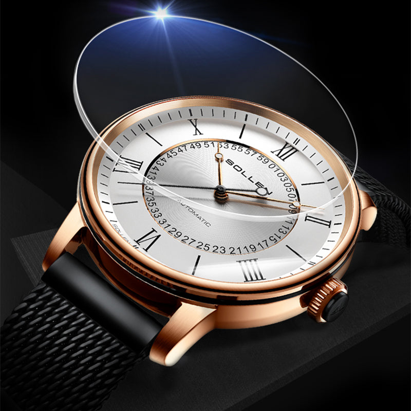 Sollen SL201 Men's Skeleton Automatic Mechanical Watch - 42mm Stainless Steel Case Double-Layer Dial Luminous Hands Mesh Bracelet Wristwatch