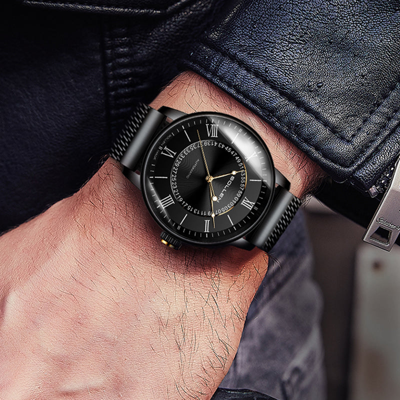 Sollen SL201 Men's Skeleton Automatic Mechanical Watch - 42mm Stainless Steel Case Double-Layer Dial Luminous Hands Mesh Bracelet Wristwatch