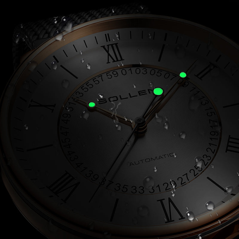 Sollen SL201 Men's Skeleton Automatic Mechanical Watch - 42mm Stainless Steel Case Double-Layer Dial Luminous Hands Mesh Bracelet Wristwatch