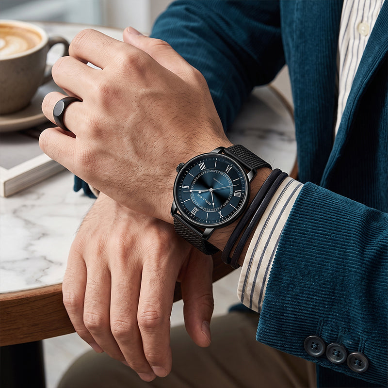 Sollen SL201 Men's Skeleton Automatic Mechanical Watch - 42mm Stainless Steel Case Double-Layer Dial Luminous Hands Mesh Bracelet Wristwatch