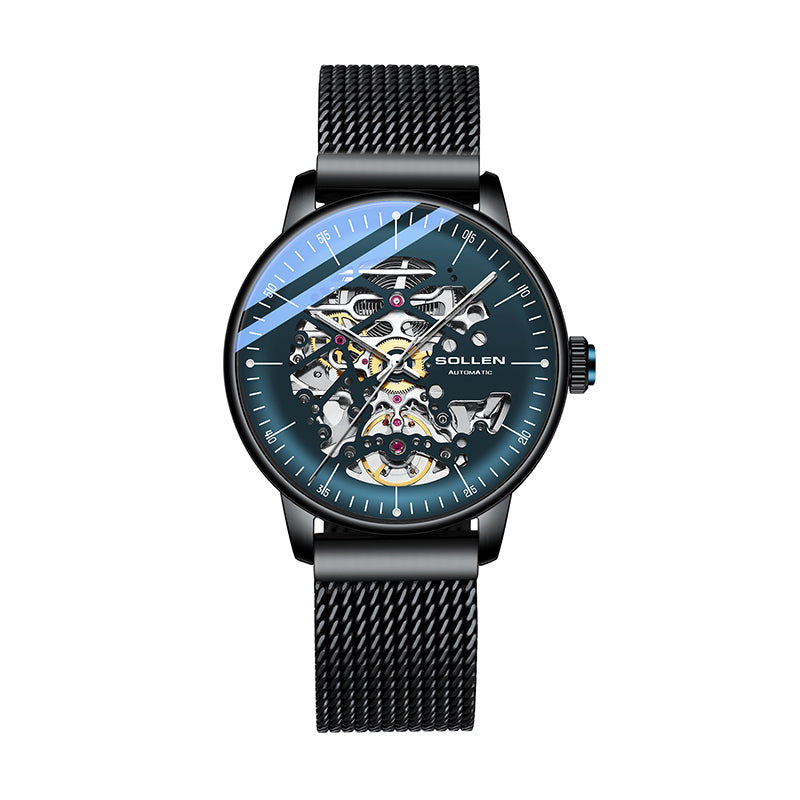 Sollen SL202 Men's Full Skeleton Automatic Mechanical Watch - 42mm Stainless Steel Case Frosted Open Dial Luminous Hands Wristwatch
