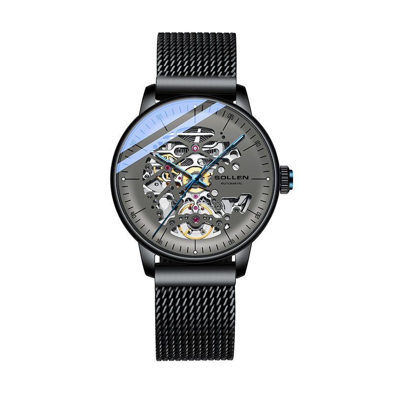 Sollen SL202 Men's Full Skeleton Automatic Mechanical Watch - 42mm Stainless Steel Case Frosted Open Dial Luminous Hands Wristwatch