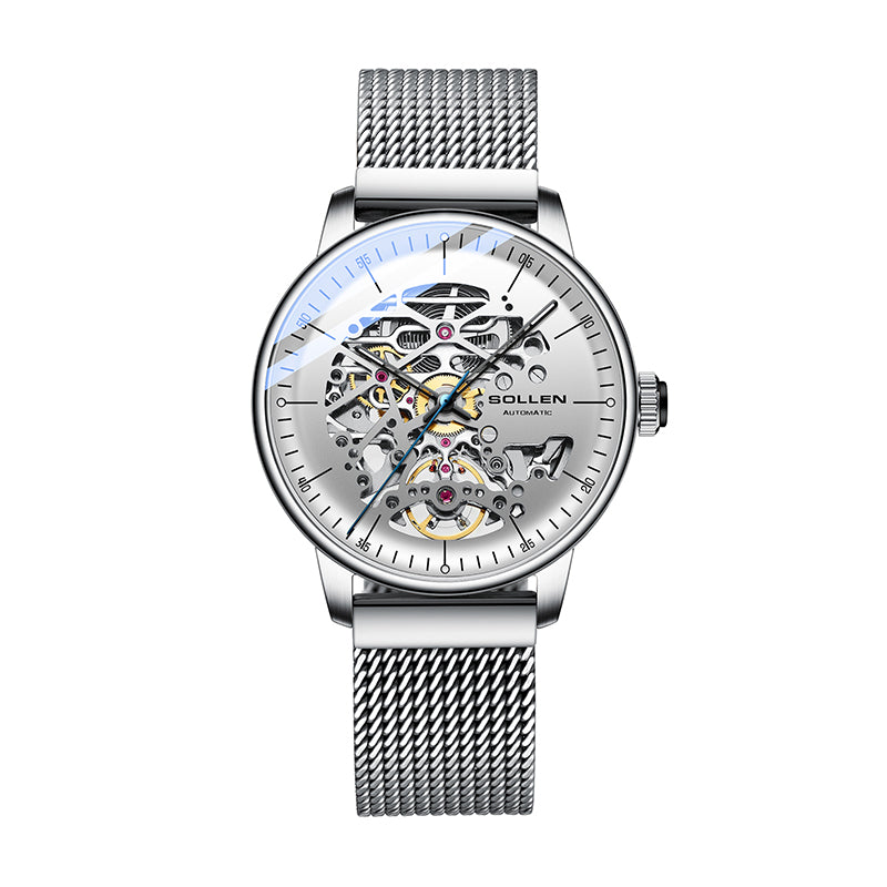 Sollen SL202 Men's Full Skeleton Automatic Mechanical Watch - 42mm Stainless Steel Case Frosted Open Dial Luminous Hands Wristwatch