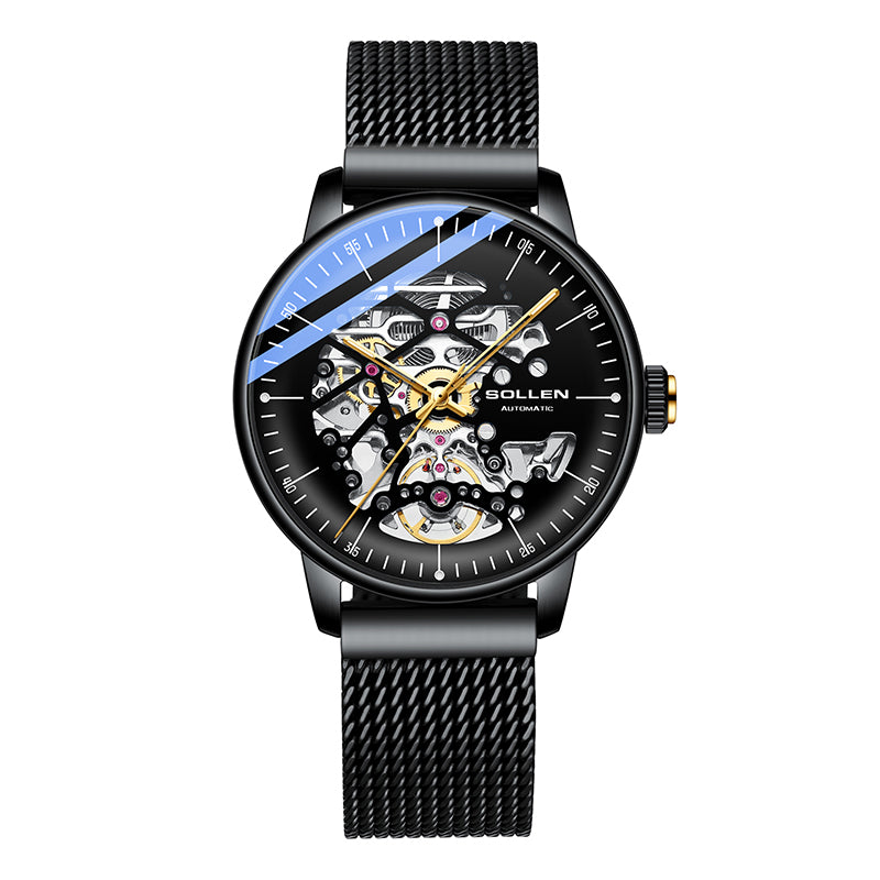 Sollen SL202 Men's Full Skeleton Automatic Mechanical Watch - 42mm Stainless Steel Case Frosted Open Dial Luminous Hands Wristwatch