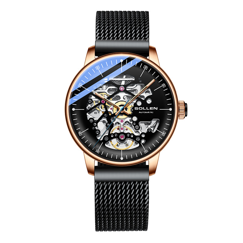 Sollen SL202 Men's Full Skeleton Automatic Mechanical Watch - 42mm Stainless Steel Case Frosted Open Dial Luminous Hands Wristwatch