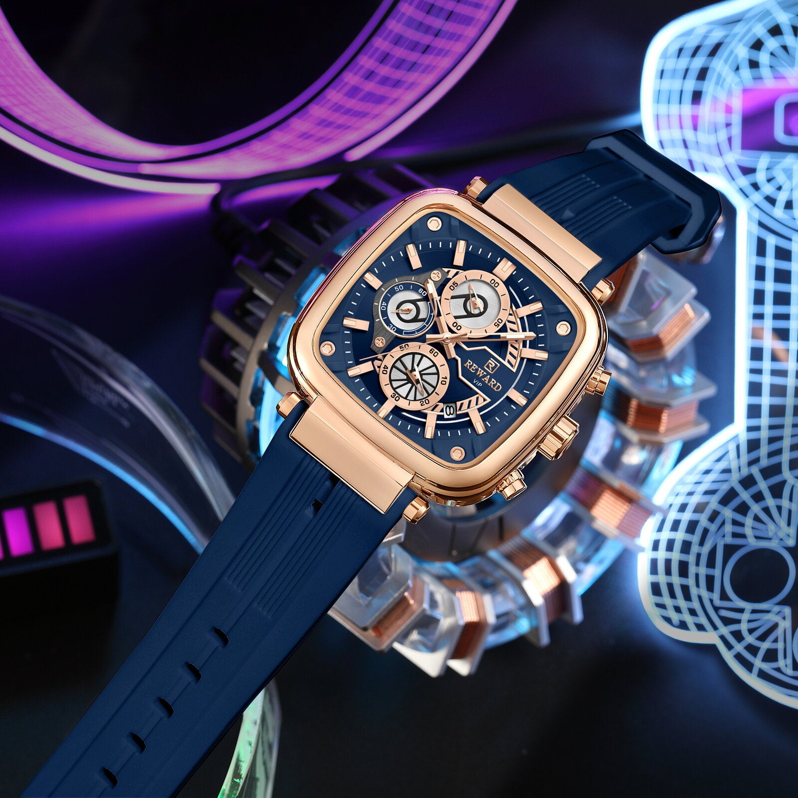 REWARD RD 831509M Quartz Watch - Live Edition Men's Luxury Cushion Case Full Chronograph Luminous Hands Date Window Sport Silicone Strap Wristwatch