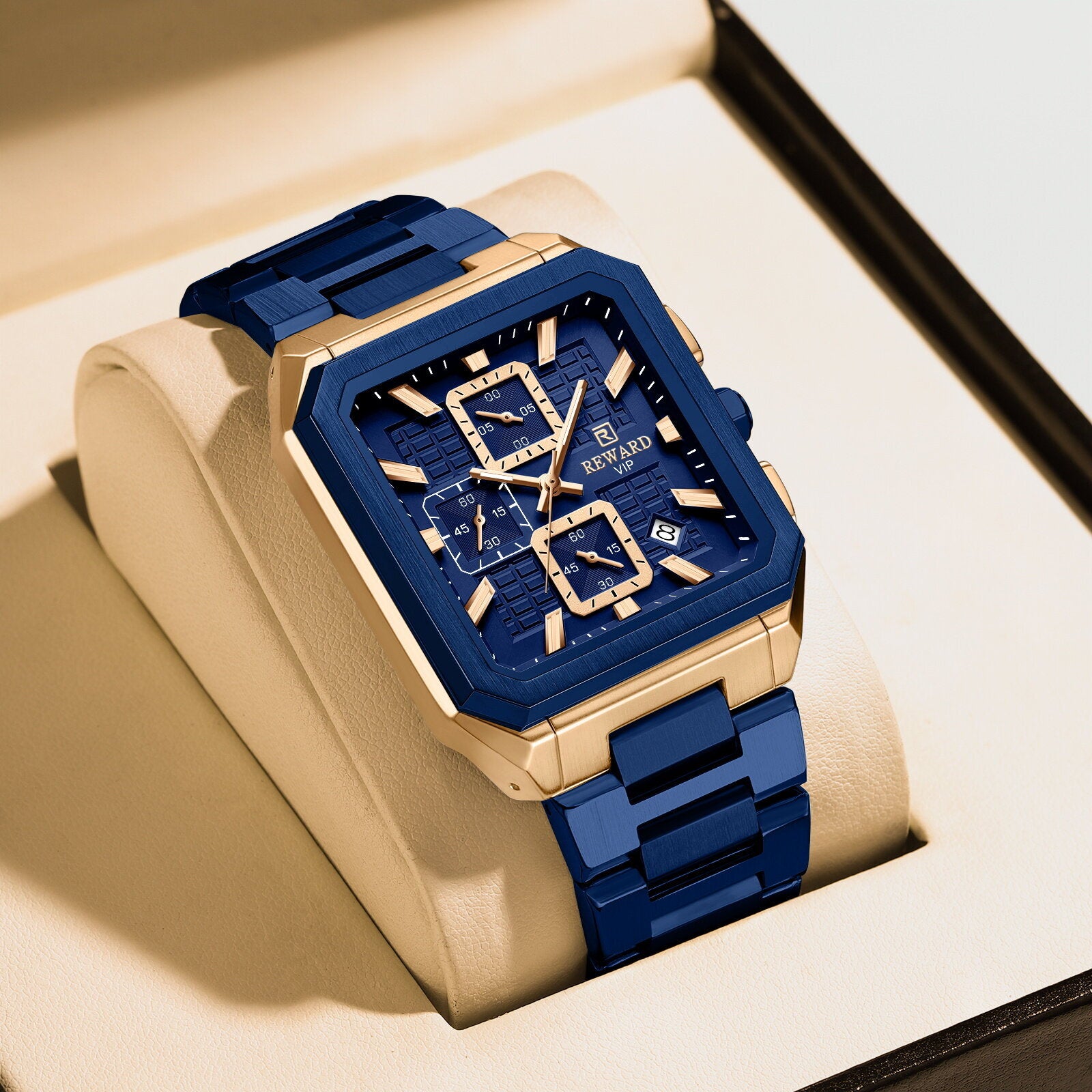 REWARD RD 813149M Quartz Watch - Live Edition Men's Luxury Octagonal Cushion Case Full Chronograph Luminous Hands Date Window Stainless Steel Band Wristwatch