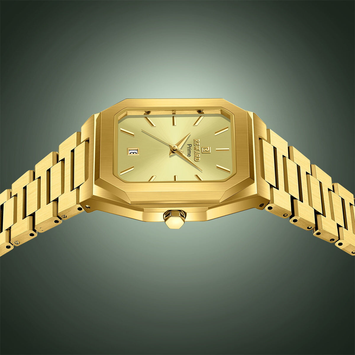 REWARD RD 613151M Quartz Watch - Live Edition Men's Retro Square Case Full IPG Gold Stainless Steel Band Ultra-Slim 8.5mm Body Luminous Hands 6H Date Sunburst Dial Wristwatch