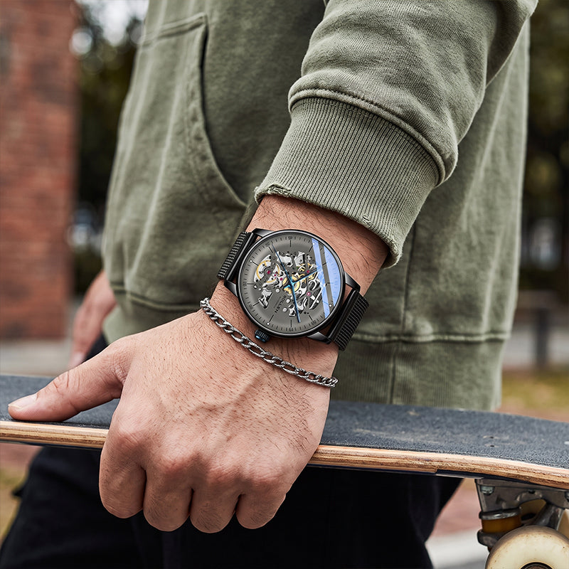 Sollen SL202 Men's Full Skeleton Automatic Mechanical Watch - 42mm Stainless Steel Case Frosted Open Dial Luminous Hands Wristwatch
