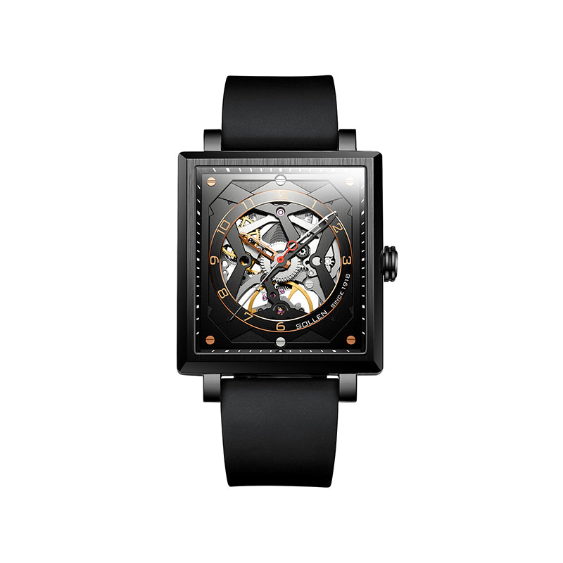 Sollen SL205 Men's Square Skeleton Automatic Mechanical Watch - 35x38mm Stainless Steel Case Sapphire Crystal Open Dial Fluororubber Strap Wristwatch