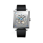 Sollen SL205 Men's Square Skeleton Automatic Mechanical Watch - 35x38mm Stainless Steel Case Sapphire Crystal Open Dial Fluororubber Strap Wristwatch