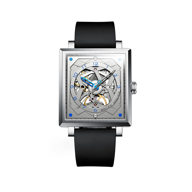Sollen SL205 Men's Square Skeleton Automatic Mechanical Watch - 35x38mm Stainless Steel Case Sapphire Crystal Open Dial Fluororubber Strap Wristwatch