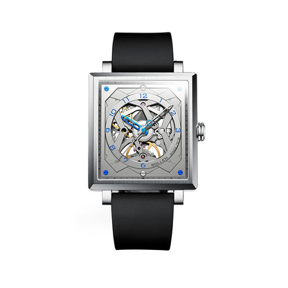 Sollen SL205 Men's Square Skeleton Automatic Mechanical Watch - 35x38mm Stainless Steel Case Sapphire Crystal Open Dial Fluororubber Strap Wristwatch