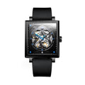 Sollen SL205 Men's Square Skeleton Automatic Mechanical Watch - 35x38mm Stainless Steel Case Sapphire Crystal Open Dial Fluororubber Strap Wristwatch