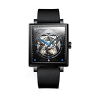 Sollen SL205 Men's Square Skeleton Automatic Mechanical Watch - 35x38mm Stainless Steel Case Sapphire Crystal Open Dial Fluororubber Strap Wristwatch