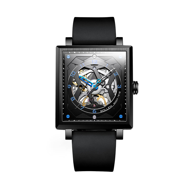 Sollen SL205 Men's Square Skeleton Automatic Mechanical Watch - 35x38mm Stainless Steel Case Sapphire Crystal Open Dial Fluororubber Strap Wristwatch