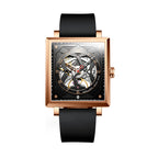 Sollen SL205 Men's Square Skeleton Automatic Mechanical Watch - 35x38mm Stainless Steel Case Sapphire Crystal Open Dial Fluororubber Strap Wristwatch