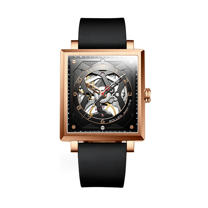 Sollen SL205 Men's Square Skeleton Automatic Mechanical Watch - 35x38mm Stainless Steel Case Sapphire Crystal Open Dial Fluororubber Strap Wristwatch