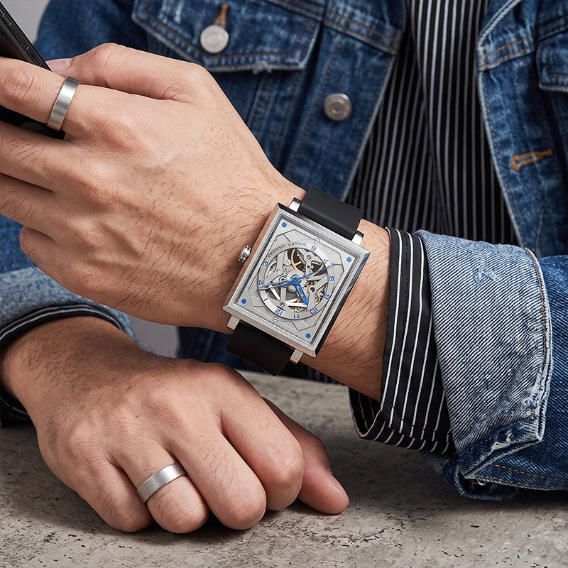 Sollen SL205 Men's Square Skeleton Automatic Mechanical Watch - 35x38mm Stainless Steel Case Sapphire Crystal Open Dial Fluororubber Strap Wristwatch