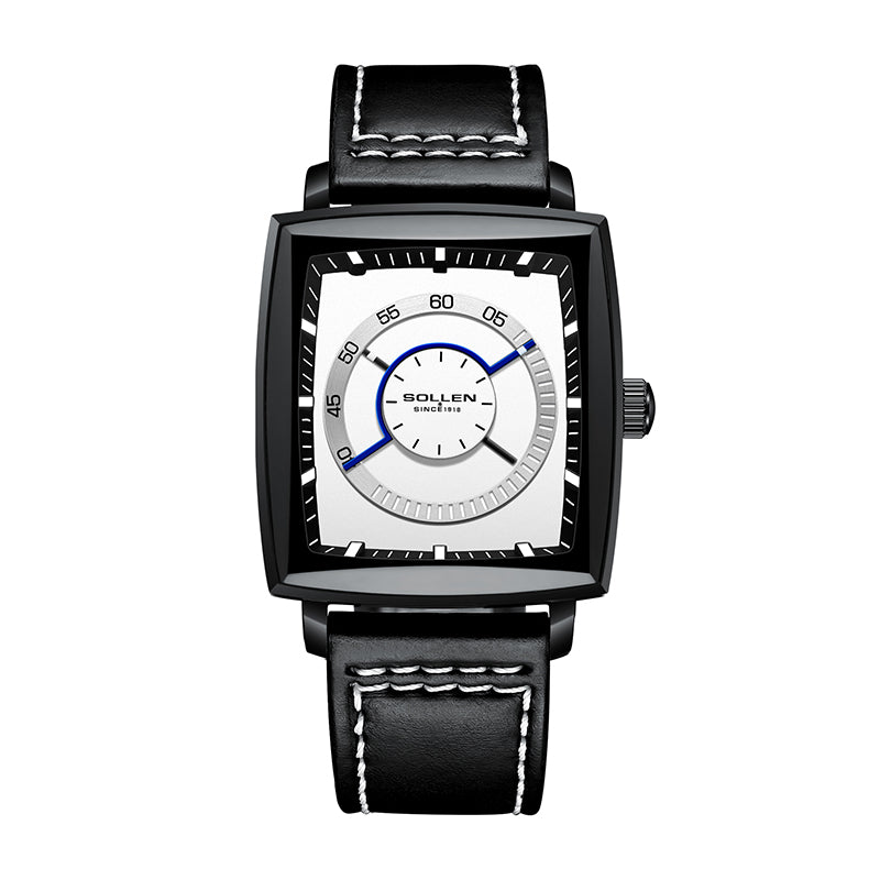 Sollen SL206 Men's Square Ultra-Slim Quartz Watch - 40x36.5mm Stainless Steel Case Enamel Luminous Dial Calfskin Leather Strap Wristwatch