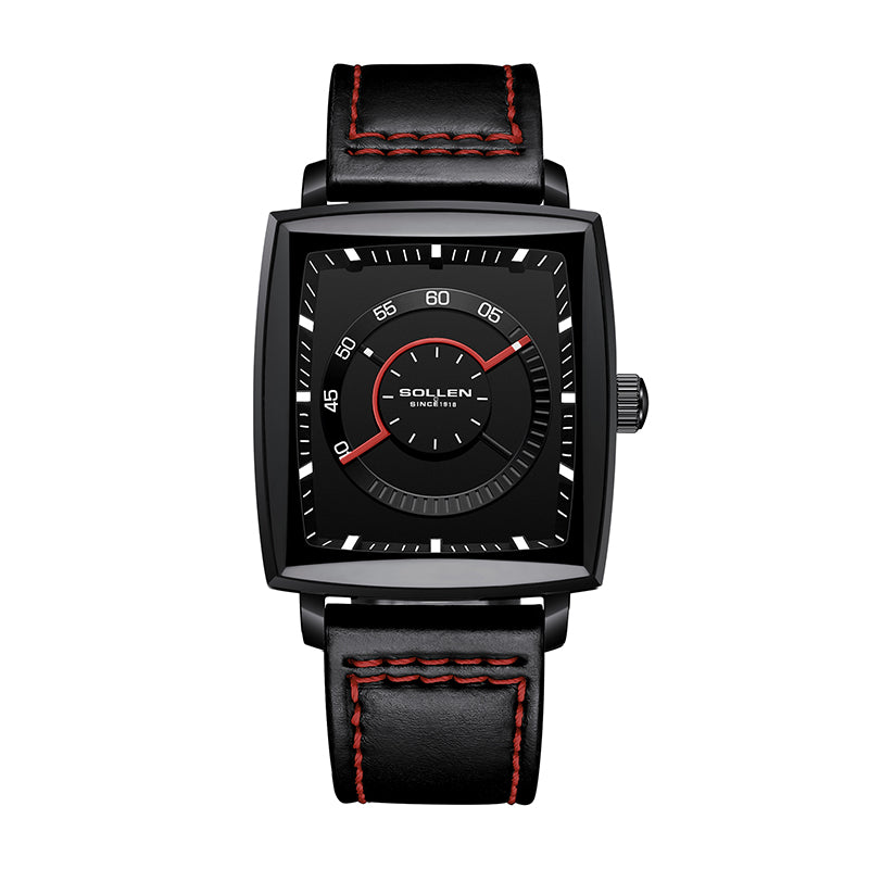 Sollen SL206 Men's Square Ultra-Slim Quartz Watch - 40x36.5mm Stainless Steel Case Enamel Luminous Dial Calfskin Leather Strap Wristwatch