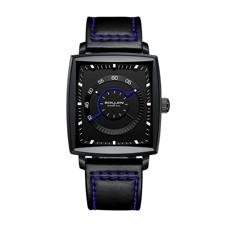Sollen SL206 Men's Square Ultra-Slim Quartz Watch - 40x36.5mm Stainless Steel Case Enamel Luminous Dial Calfskin Leather Strap Wristwatch