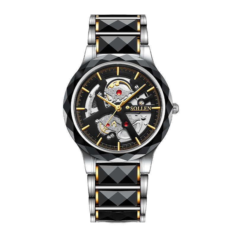 Sollen SL207 Men's Slim Quartz Watch - 39mm Faceted Ceramic & Stainless Steel Case Open Skeleton Dial Bracelet Wristwatch