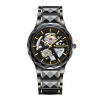 Sollen SL207 Men's Slim Quartz Watch - 39mm Faceted Ceramic & Stainless Steel Case Open Skeleton Dial Bracelet Wristwatch