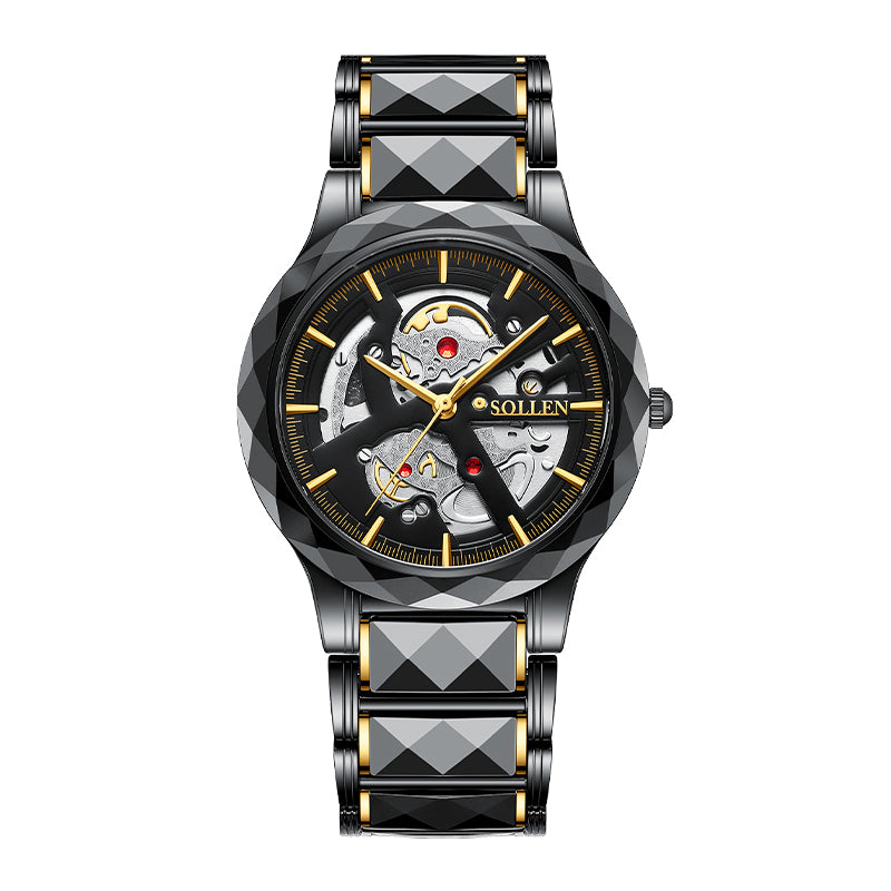 Sollen SL207 Men's Slim Quartz Watch - 39mm Faceted Ceramic & Stainless Steel Case Open Skeleton Dial Bracelet Wristwatch