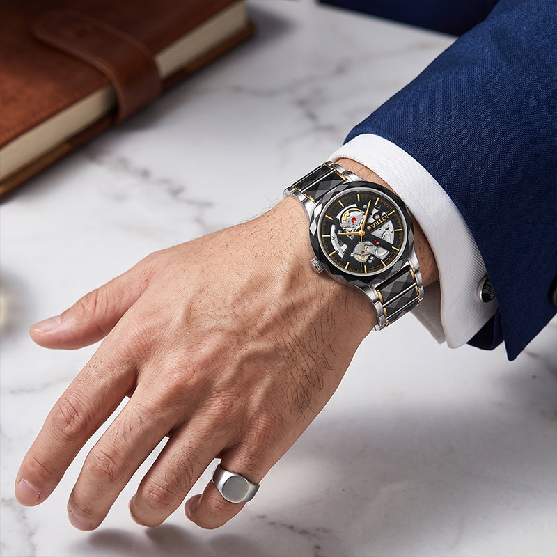 Sollen SL207 Men's Slim Quartz Watch - 39mm Faceted Ceramic & Stainless Steel Case Open Skeleton Dial Bracelet Wristwatch