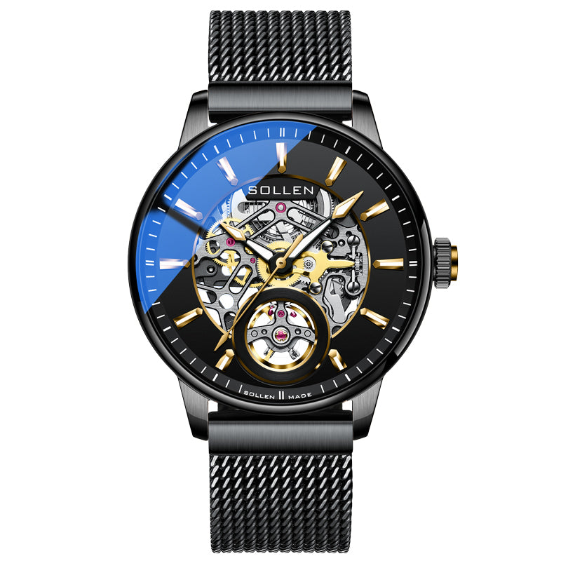 Sollen SL208 Men's Full Skeleton Automatic Mechanical Watch - 42mm Stainless Steel Case Frosted Open Dial Luminous Hands Wristwatch