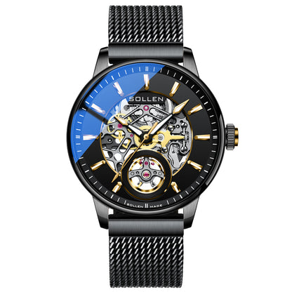 Sollen SL208 Men's Full Skeleton Automatic Mechanical Watch - 42mm Stainless Steel Case Frosted Open Dial Luminous Hands Wristwatch