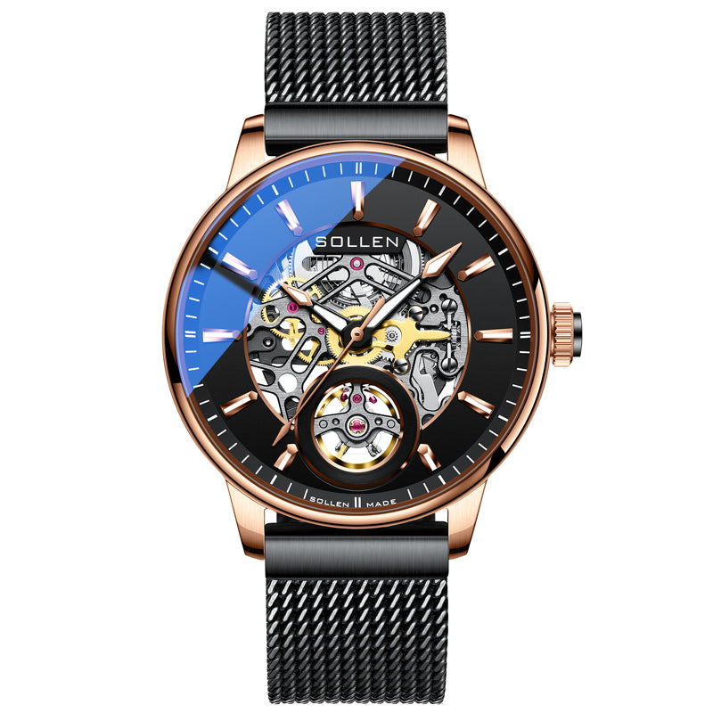 Sollen SL208 Men's Full Skeleton Automatic Mechanical Watch - 42mm Stainless Steel Case Frosted Open Dial Luminous Hands Wristwatch