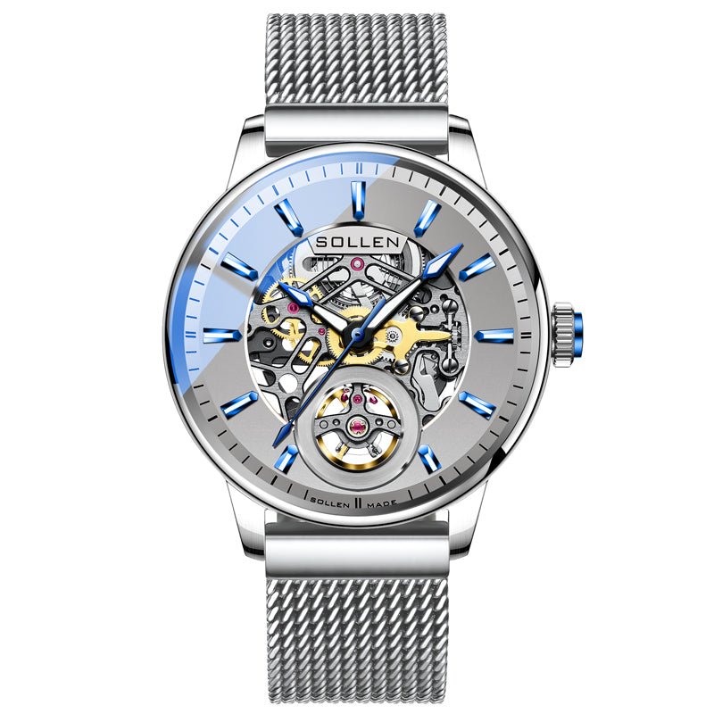 Sollen SL208 Men's Full Skeleton Automatic Mechanical Watch - 42mm Stainless Steel Case Frosted Open Dial Luminous Hands Wristwatch
