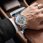 Sollen SL208 Men's Full Skeleton Automatic Mechanical Watch - 42mm Stainless Steel Case Frosted Open Dial Luminous Hands Wristwatch
