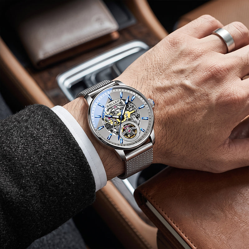 Sollen SL208 Men's Full Skeleton Automatic Mechanical Watch - 42mm Stainless Steel Case Frosted Open Dial Luminous Hands Wristwatch