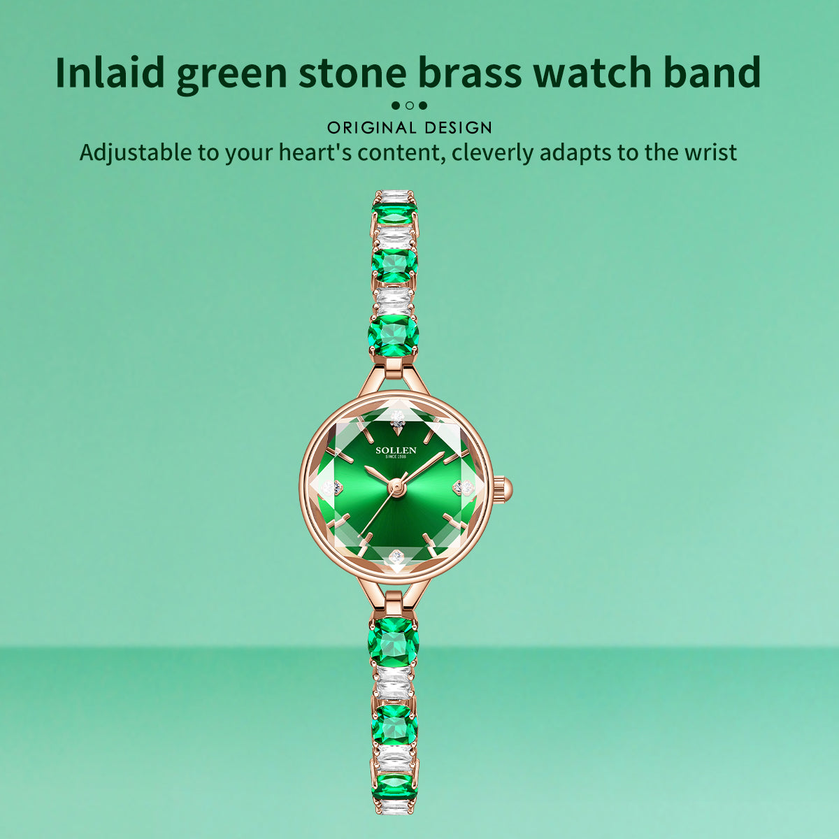 Sollen SL478 Quartz Watch - Women's Rose Gold Ice Green Dial Prismatic Glass Jewelry Bracelet Wristwatch