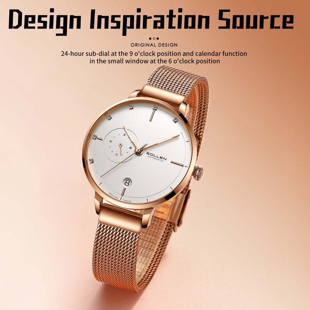 Sollen SL416 Women's Automatic Mechanical Watch - 36mm Stainless Steel Case Slim 9.9mm 24-Hour Subdial Date Mesh Bracelet Wristwatch