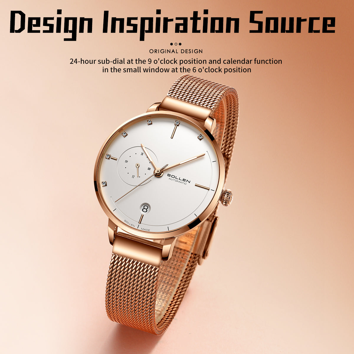 Sollen SL416 Women's Automatic Mechanical Watch - 36mm Stainless Steel Case Slim 9.9mm 24-Hour Subdial Date Mesh Bracelet Wristwatch