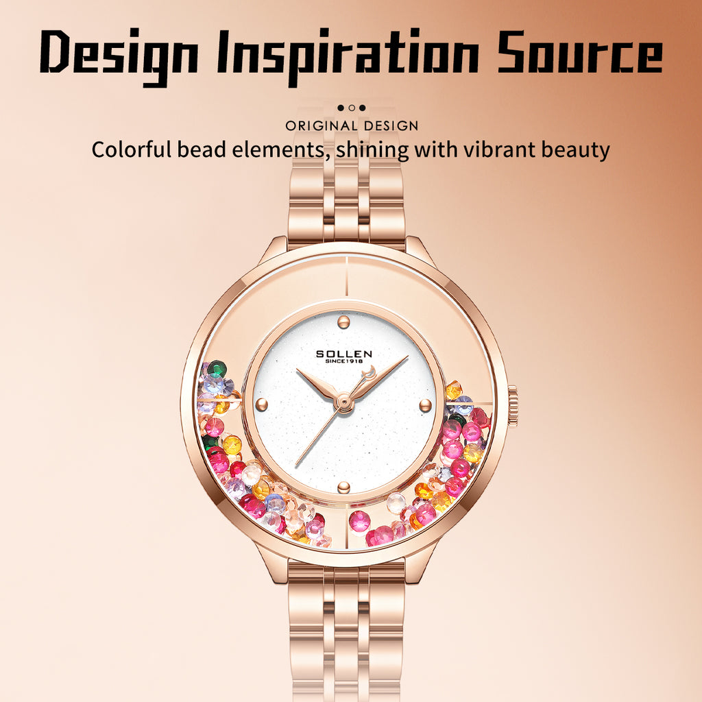Sollen SL455 Quartz Watch - Women's Stainless Steel Bracelet Starry Enamel Dial with Floating Beads