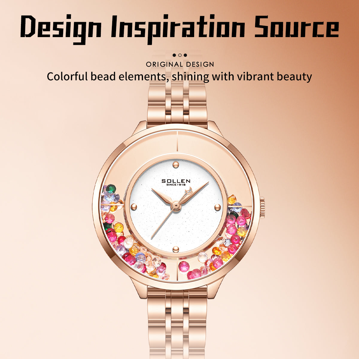 Sollen SL455 Quartz Watch - Women's Stainless Steel Bracelet Starry Enamel Dial with Floating Beads