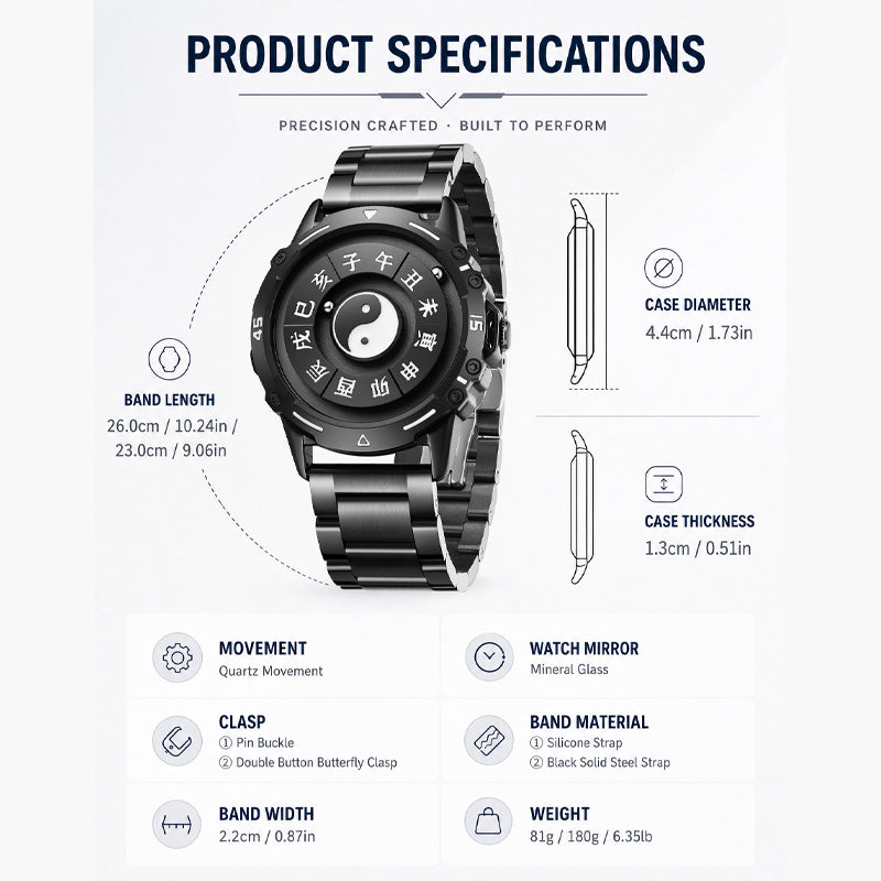 LONGBO LB83899 Quartz Watch - Live Edition Men's Tech 44mm Black Case No-Glass Magnetic Rolling Ball Pointerless Chinese Tai Chi Twelve Earthly Branches Theme Steel Link Bracelet Wristwatch