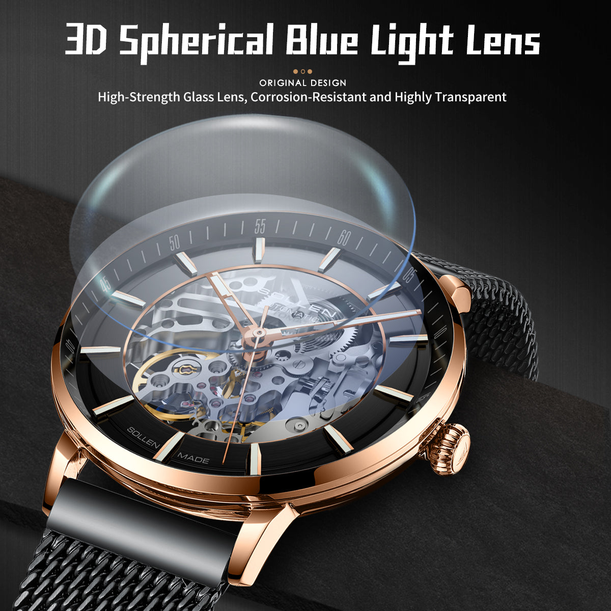 Sollen SL359 Men's Open Heart Full Skeleton Automatic Mechanical Watch - 42mm Stainless Steel Case Slim 9.9mm Luminous Markers Mesh Bracelet Wristwatch