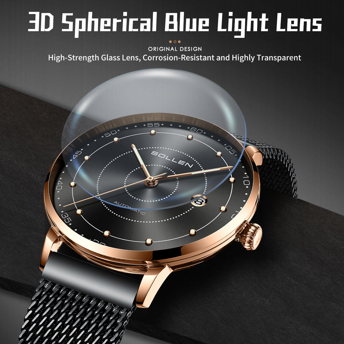 Sollen SL312 Men's Classic Automatic Mechanical Watch - 42mm Stainless Steel Case Slim 9.9mm Luminous Dot Markers Date Window Mesh Bracelet Wristwatch