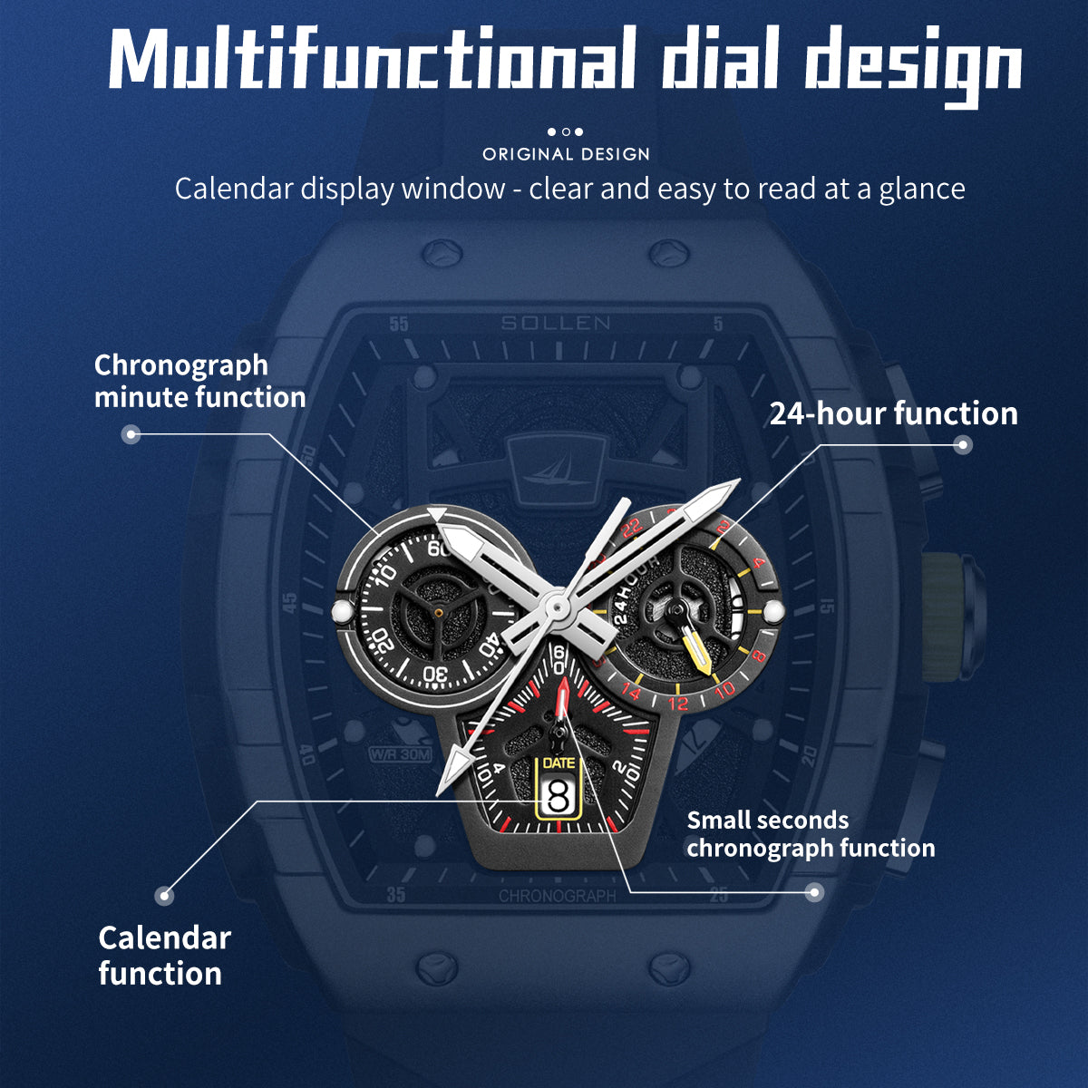 Sollen SL709 Chronograph Watch - Men's Tonneau Multi-Layer Dial Performance Silicone Strap Wristwatch