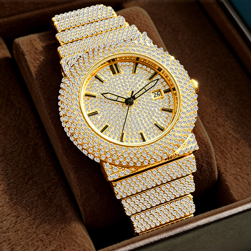BELBI BELBL-8235 Live Edition Men's Iced Out Watch - Luxury Full Crystals Encrusted Round Case Gold Dial Date Window Stainless Steel Band Hiphop Wristwatch
