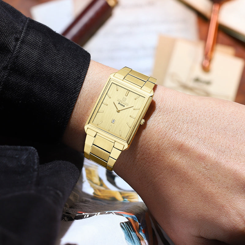 REWARD RD 613568M Quartz Watch - Live Edition Men's Classic Square Full IPG Gold Stainless Steel Band Ultra-Slim 8.5mm Case 6H Date Brushed Dial Wristwatch