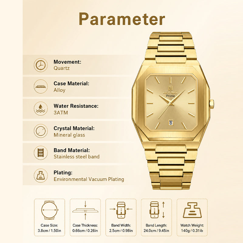 REWARD RD 613151M Quartz Watch - Live Edition Men's Retro Square Case Full IPG Gold Stainless Steel Band Ultra-Slim 8.5mm Body Luminous Hands 6H Date Sunburst Dial Wristwatch
