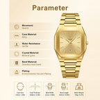 REWARD RD 613151M Quartz Watch - Live Edition Men's Retro Square Case Full IPG Gold Stainless Steel Band Ultra-Slim 8.5mm Body Luminous Hands 6H Date Sunburst Dial Wristwatch